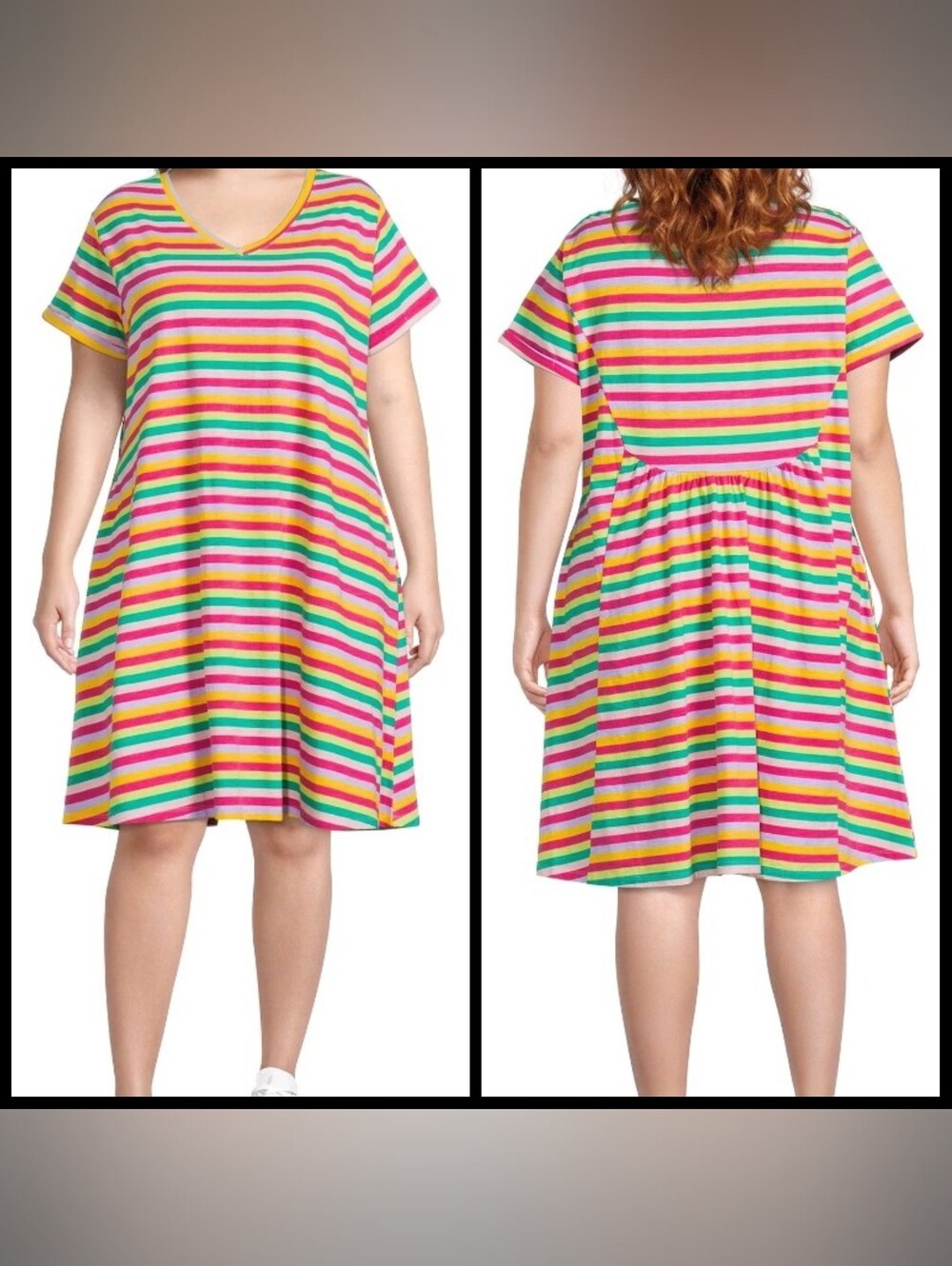 Plus Size Striped V-Neck Swing Dress in Bright Rainbow Colors NWT